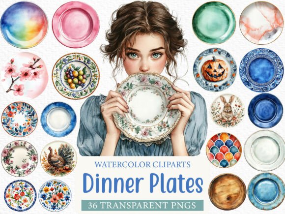 36 Dinner Plates Clipart: A Watercolor Bundle for Culinary Creatives