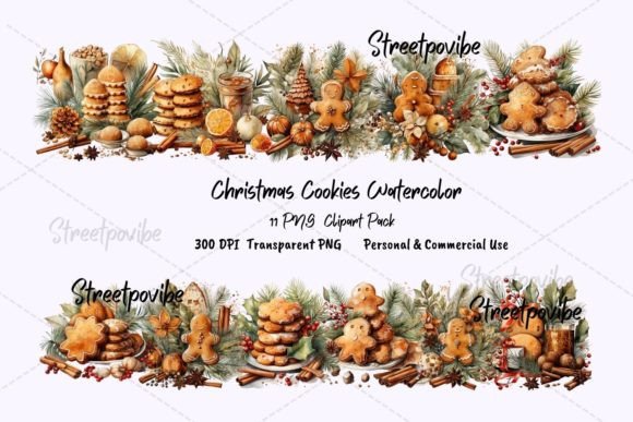 Christmas Cookies Watercolor Clipart PNG: Festive Design Assets