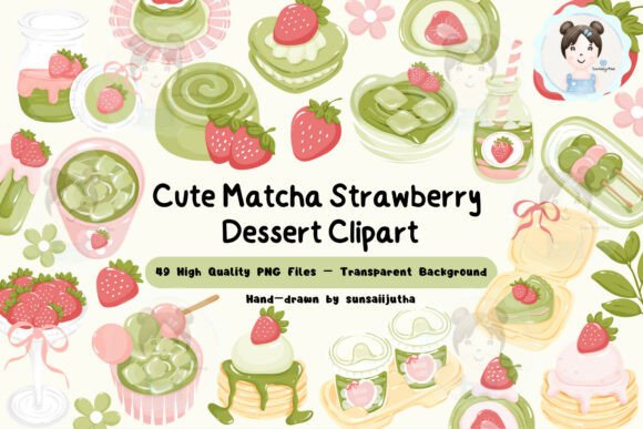 Designing with Deliciousness: The Cute Matcha Strawberry Dessert Clipart Set